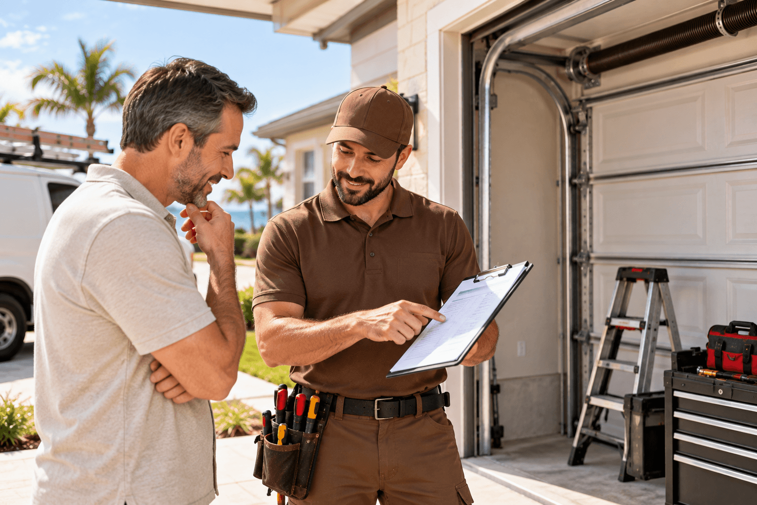 Garage door technician providing a clear service estimate to a homeowner