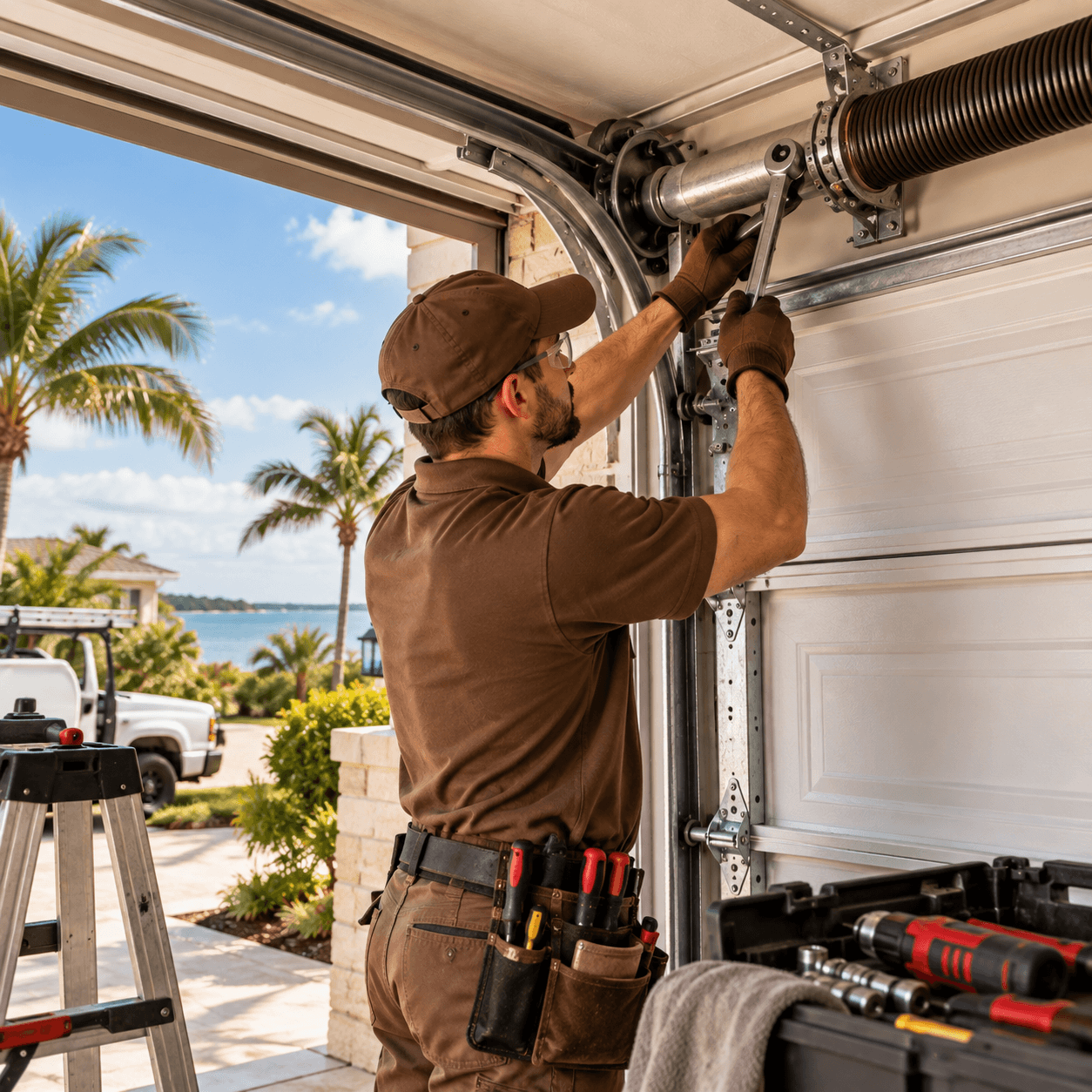 Garage door technician repairing a spring and track system