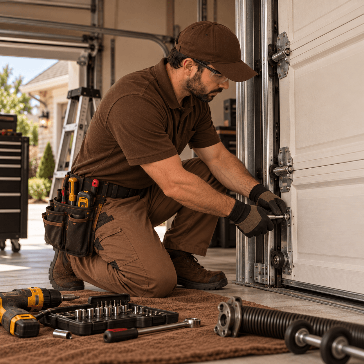 Texas City Garage Door technician repairing rollers, tracks and lower garage door hardware