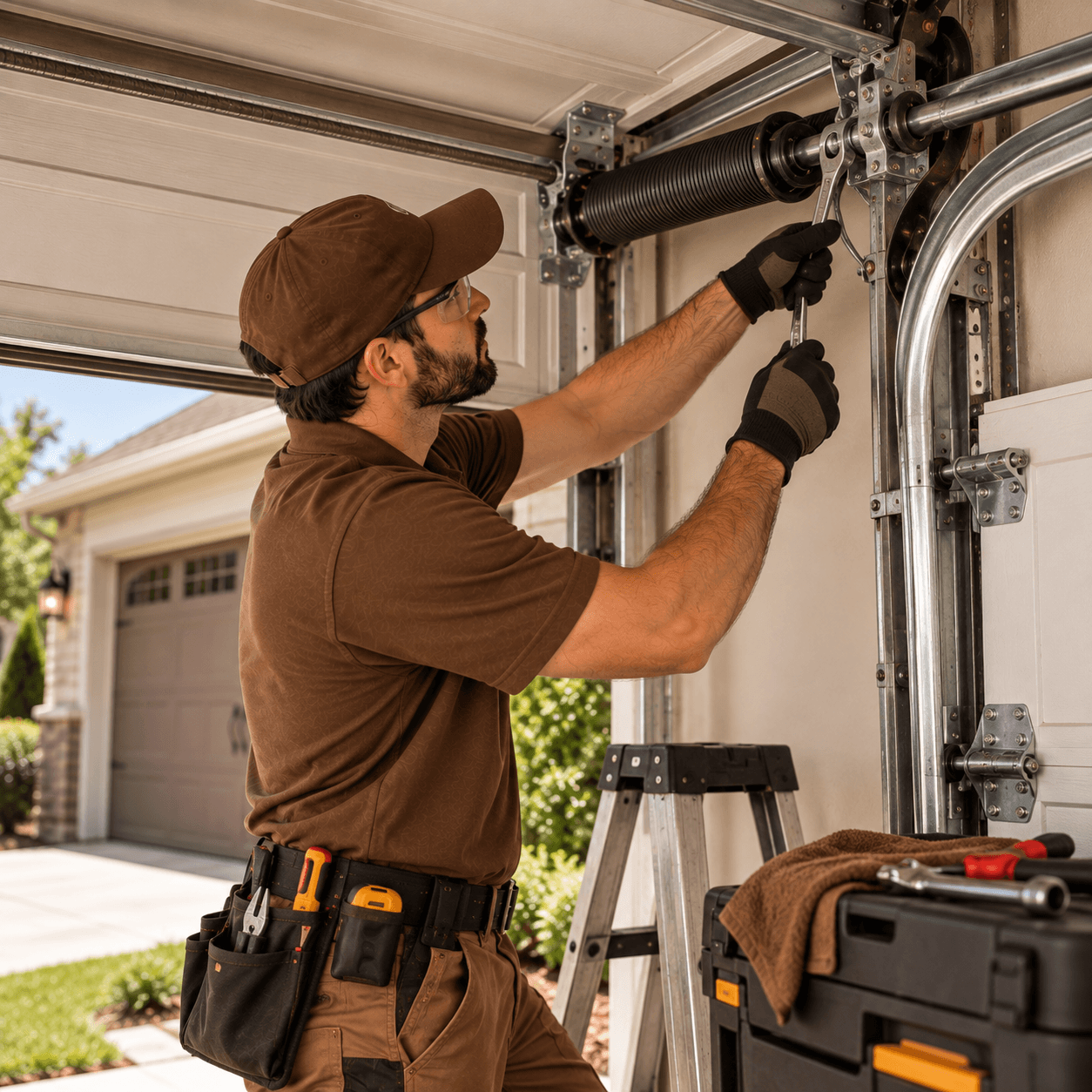 Texas City Garage Door technician repairing residential garage door hardware and movement components