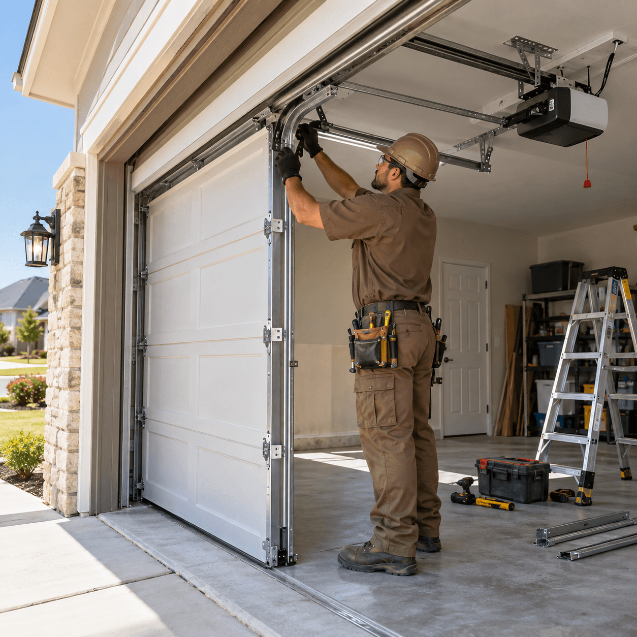 Texas City Garage Door technician installing and aligning a residential garage door system