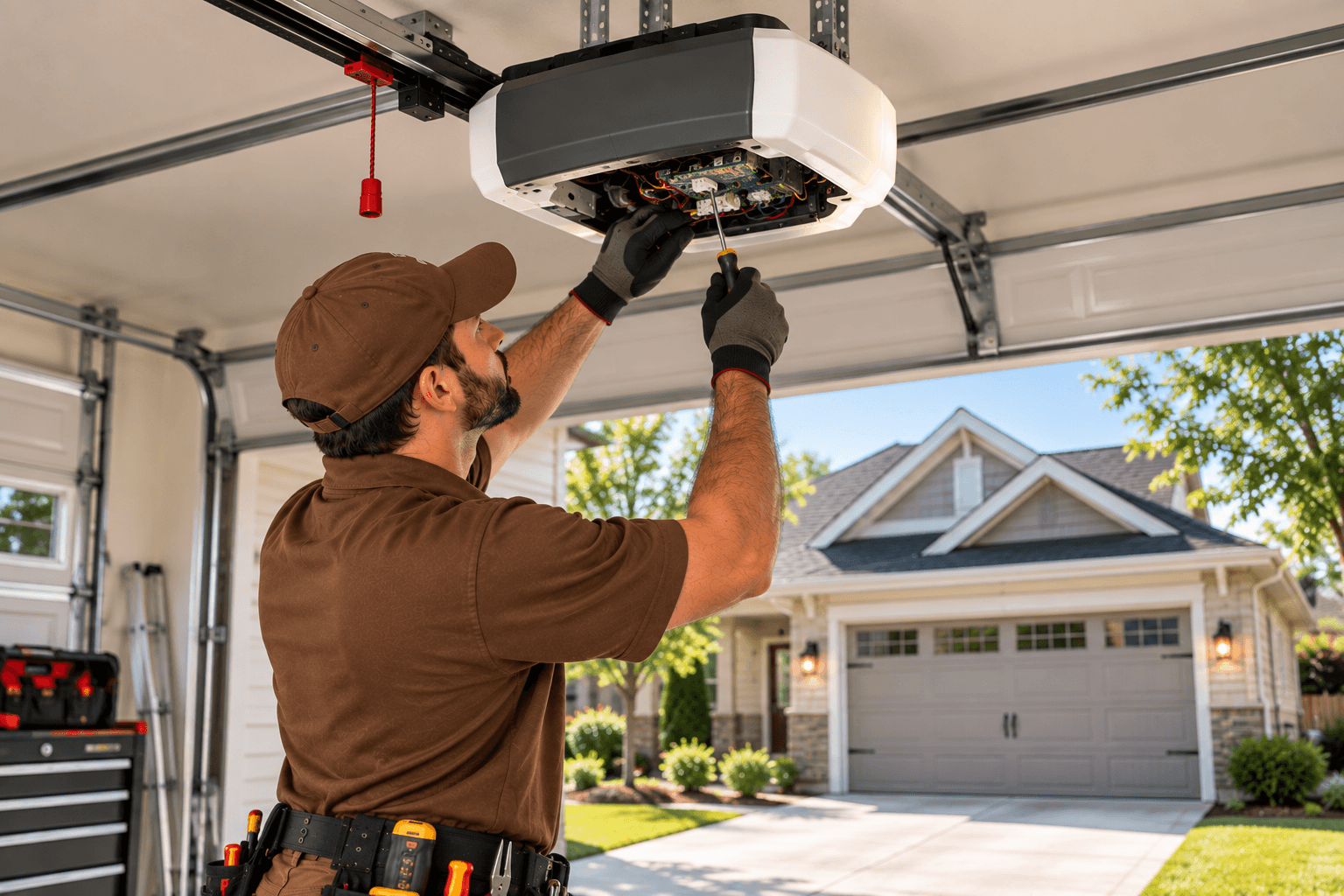 Texas City Garage Door technician servicing a residential garage door opener and automated access system