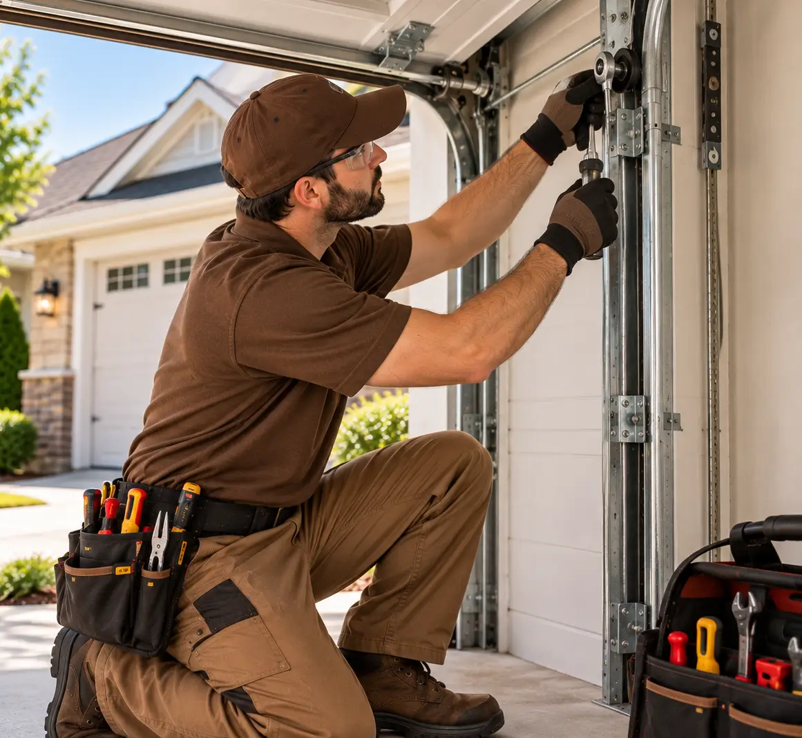 Texas City Garage Door technician performing routine residential garage door maintenance and hardware inspection