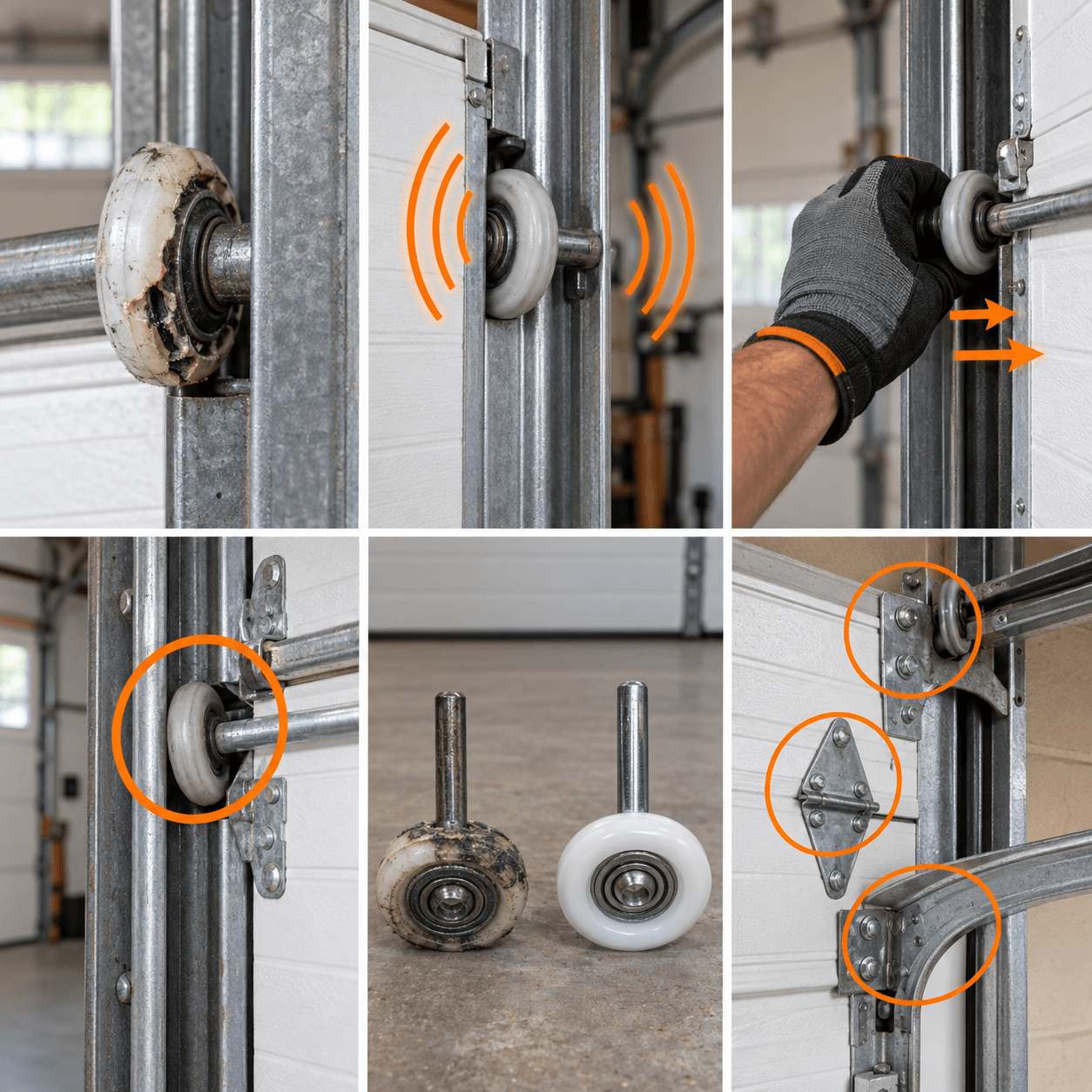 Collage showing common garage door roller problems including wear, loud operation, stiff movement, displaced wheel, replacement roller and related hardware