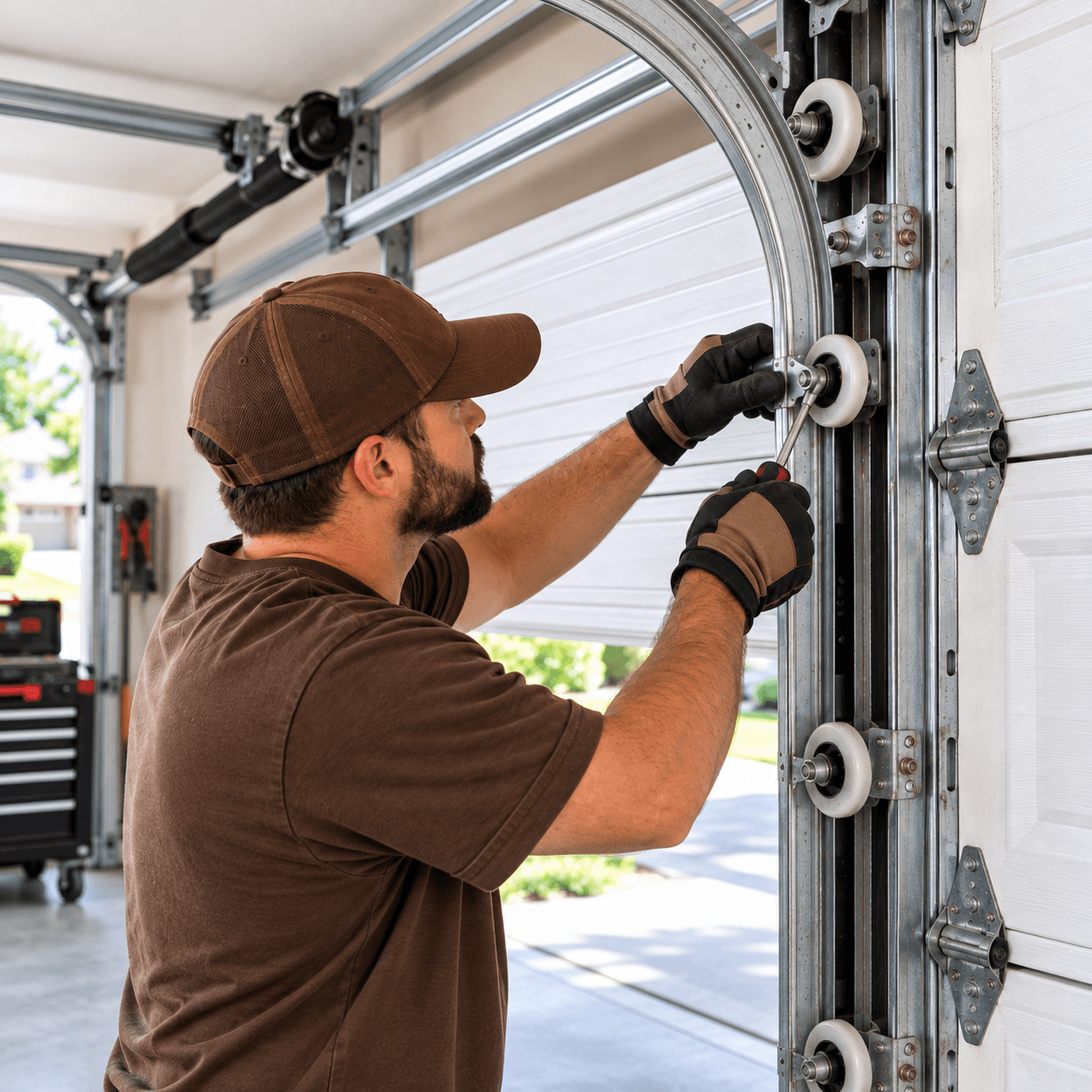 Technician inspecting and adjusting garage door rollers and track hardware Texas City TX