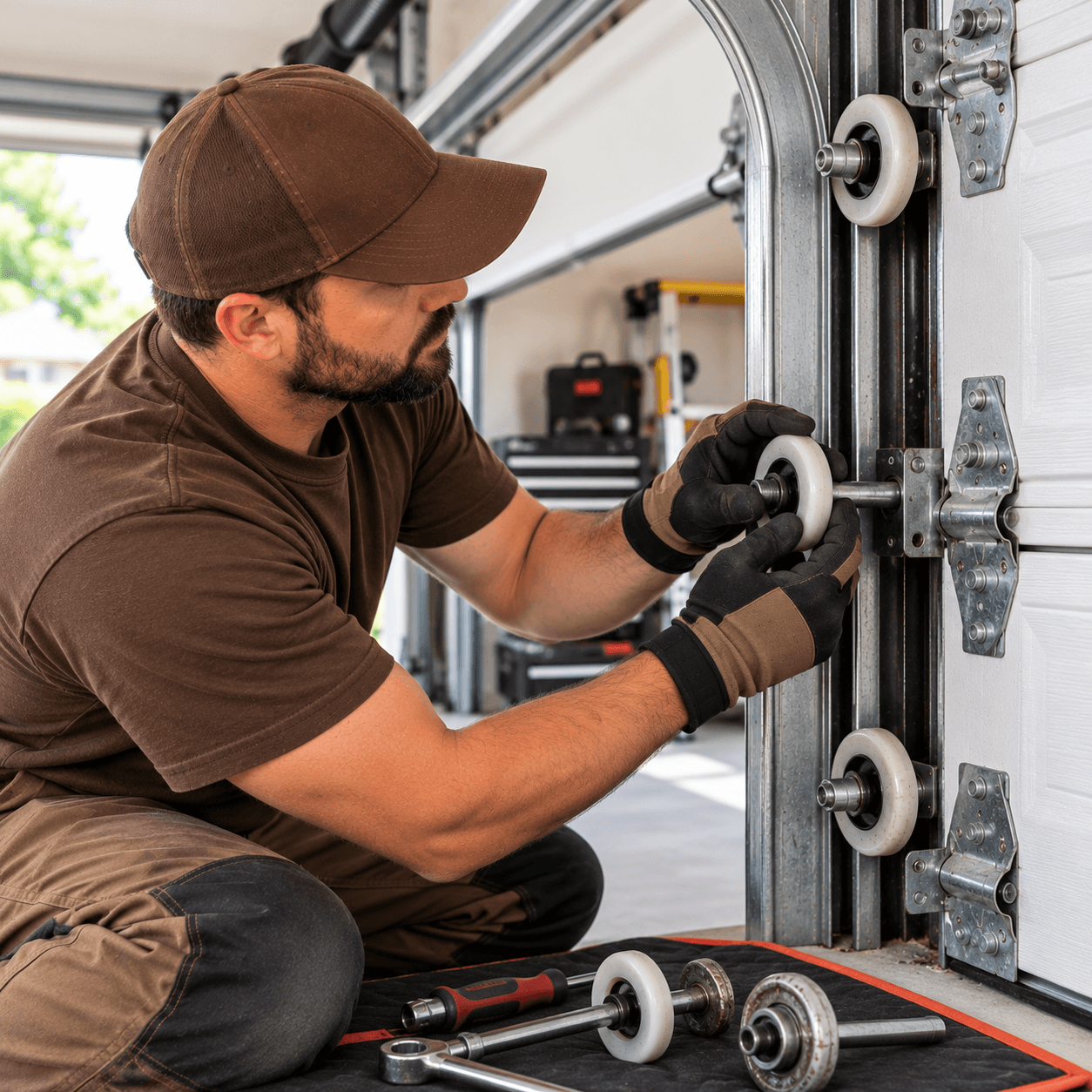 Technician inspecting and replacing worn garage door rollers Texas City TX