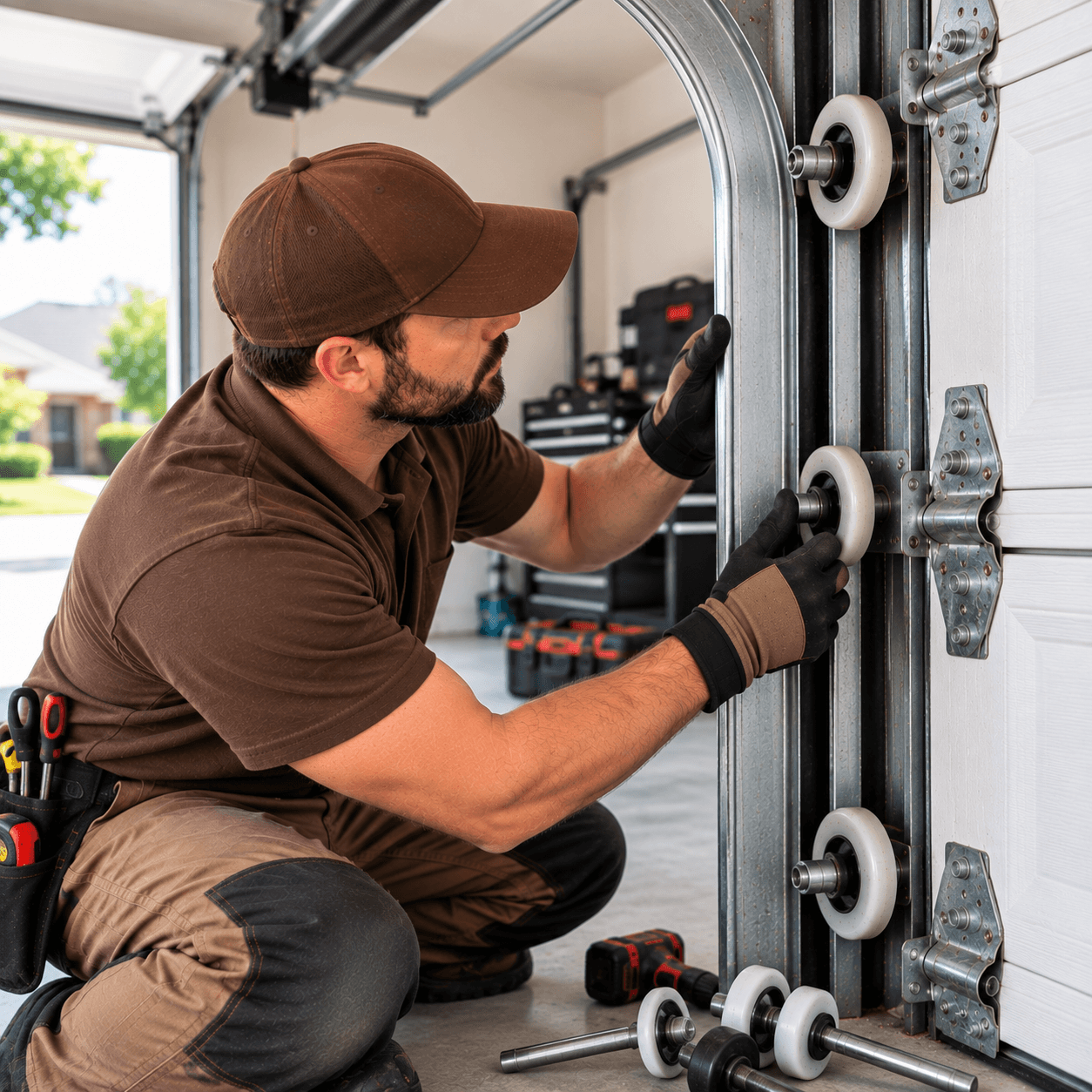 Technician inspecting garage door rollers and track alignment for uneven door movement Texas City TX