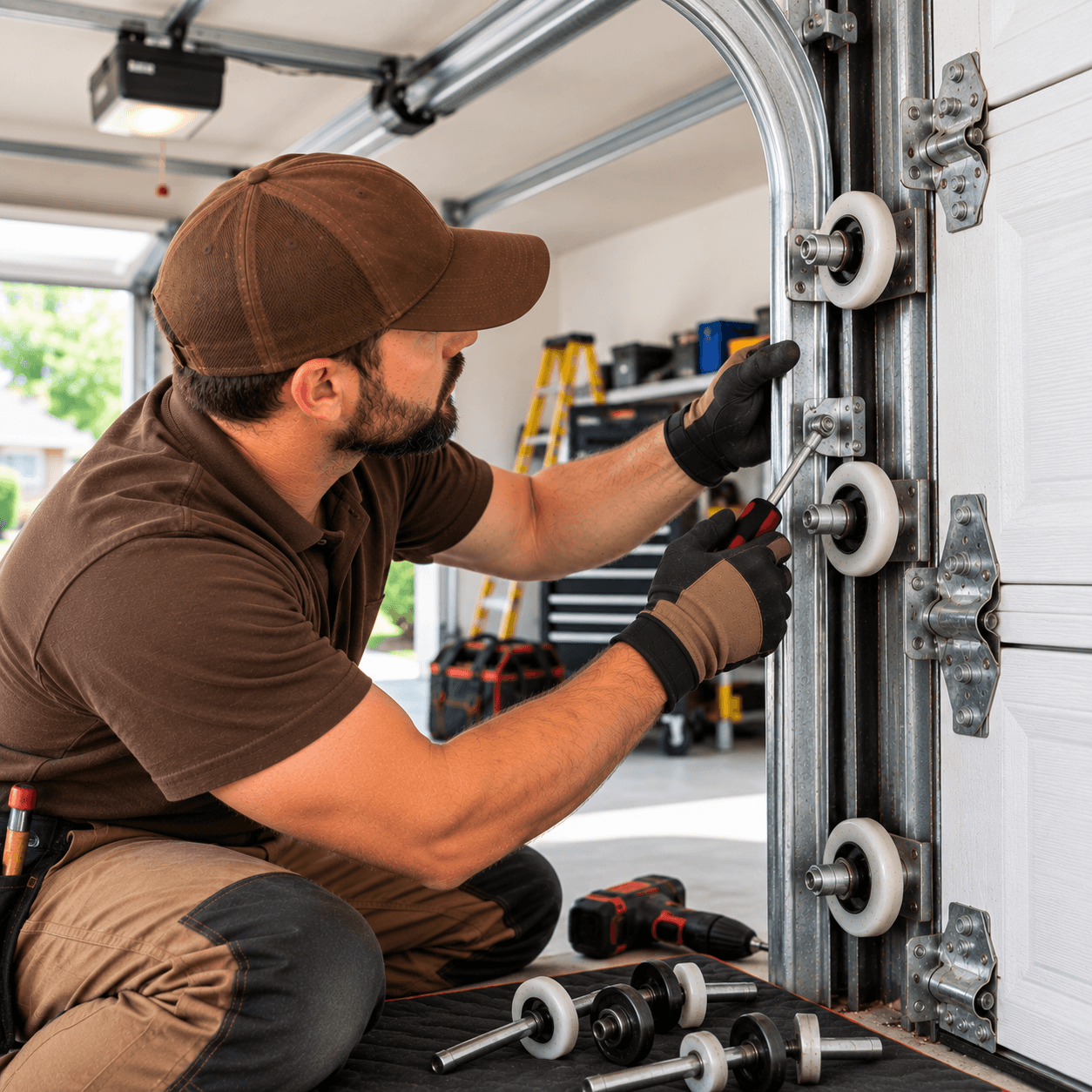 Technician inspecting noisy garage door rollers and track hardware Texas City TX
