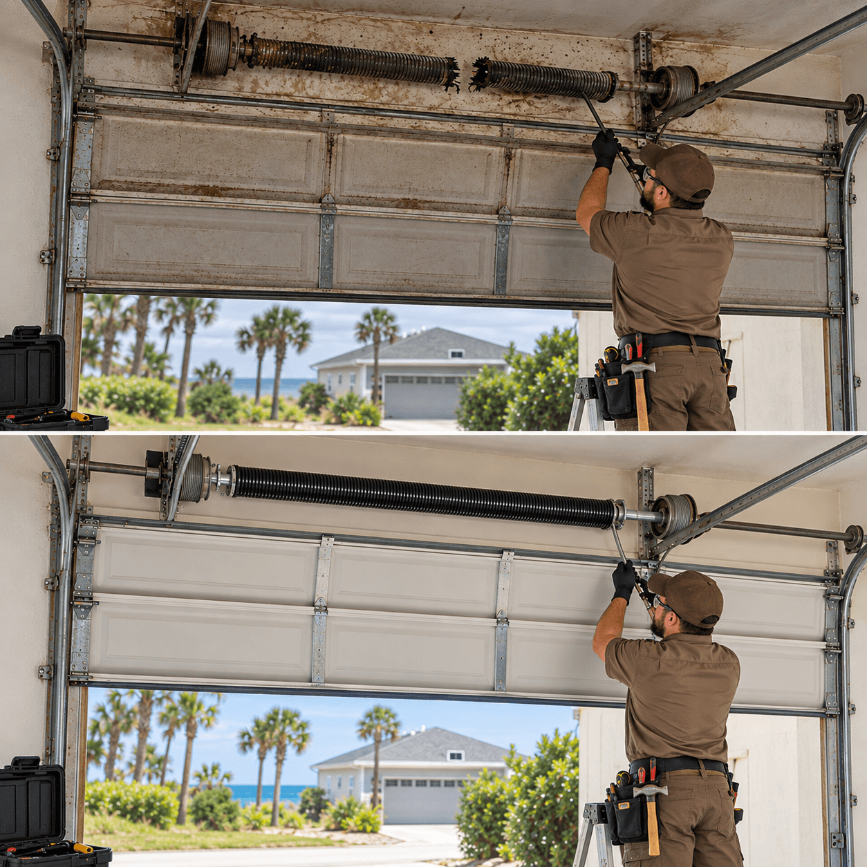 Before and after garage door spring repair showing a broken spring and completed replacement