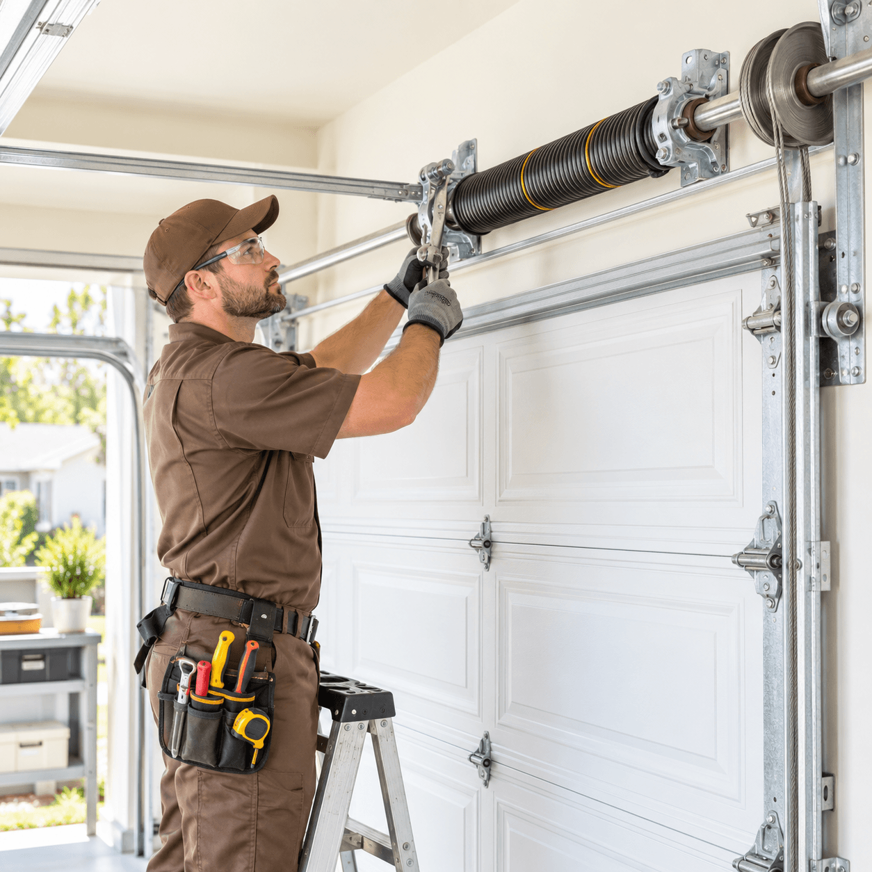 Garage door technician servicing a torsion spring, shaft, drum and cable assembly