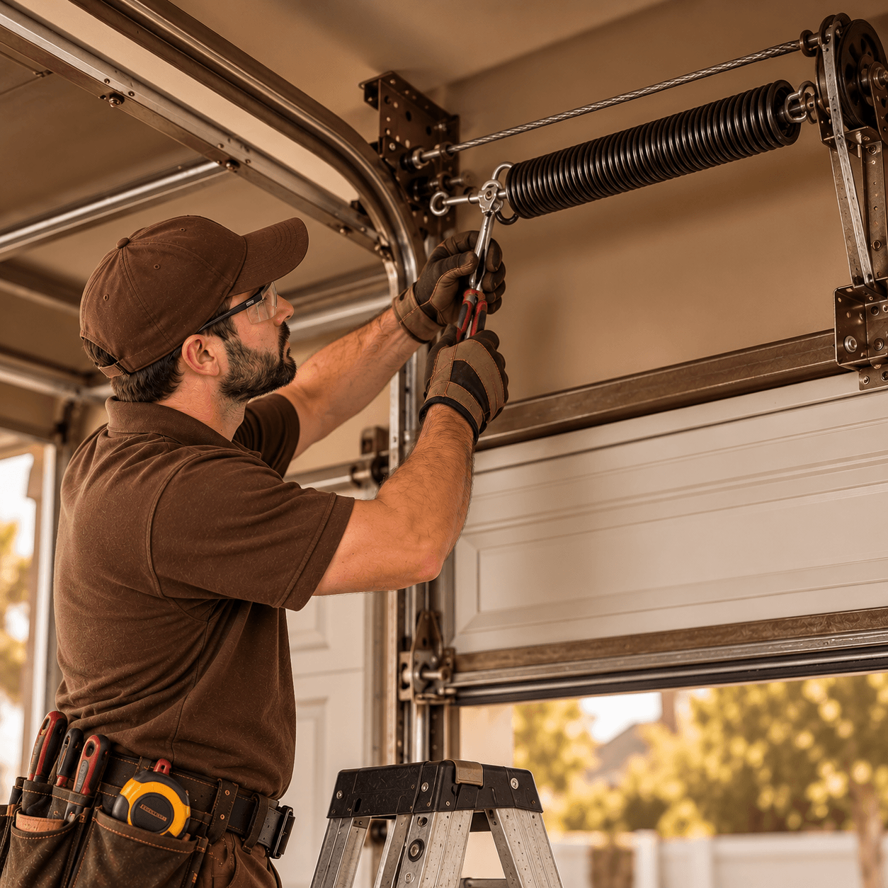 Garage door technician inspecting springs to prevent spring failure