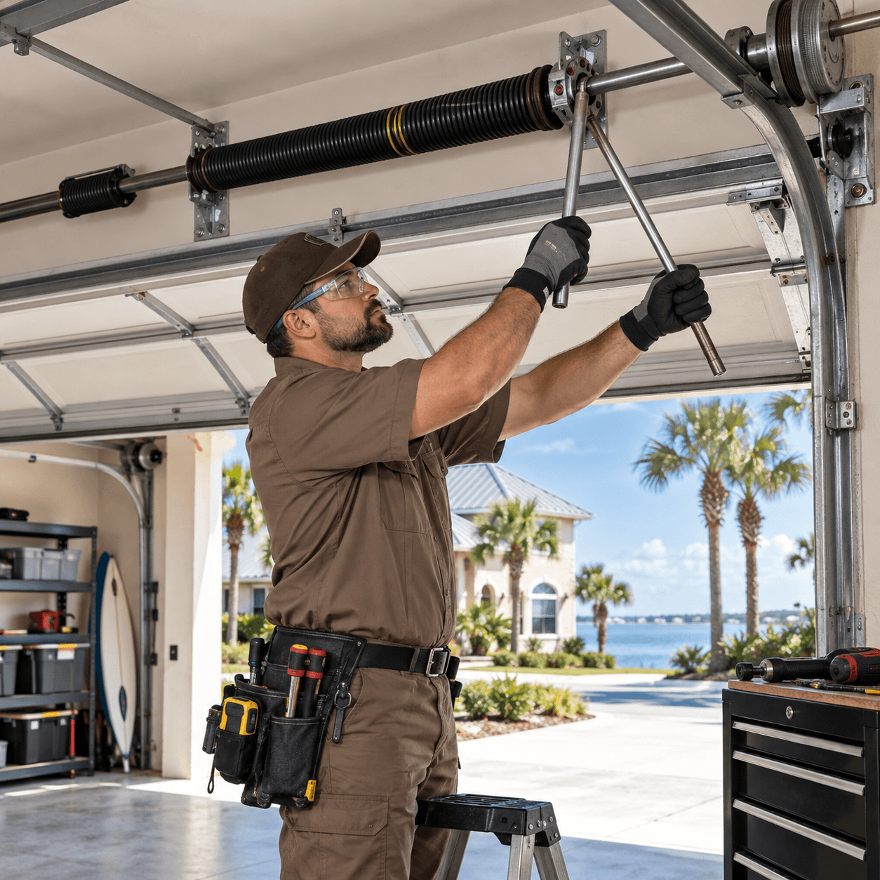 Garage door technician safely adjusting and restoring torsion spring tension
