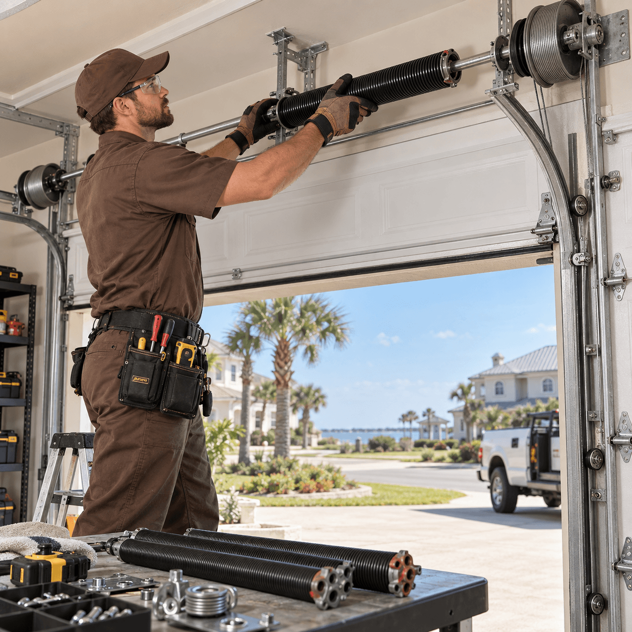 Garage door technician installing a correctly sized torsion spring replacement