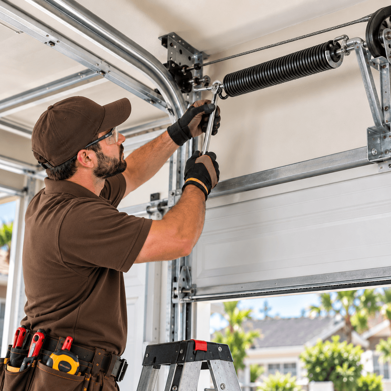 Garage door technician servicing an extension spring and cable system
