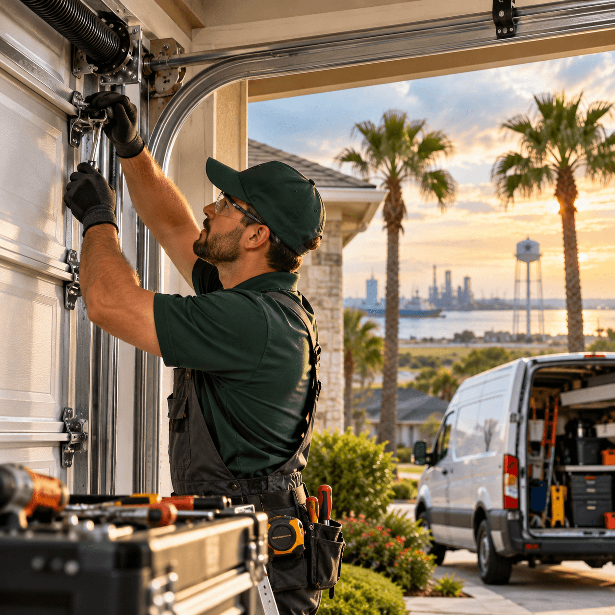 Garage door technicians working on overhead door service Texas City TX