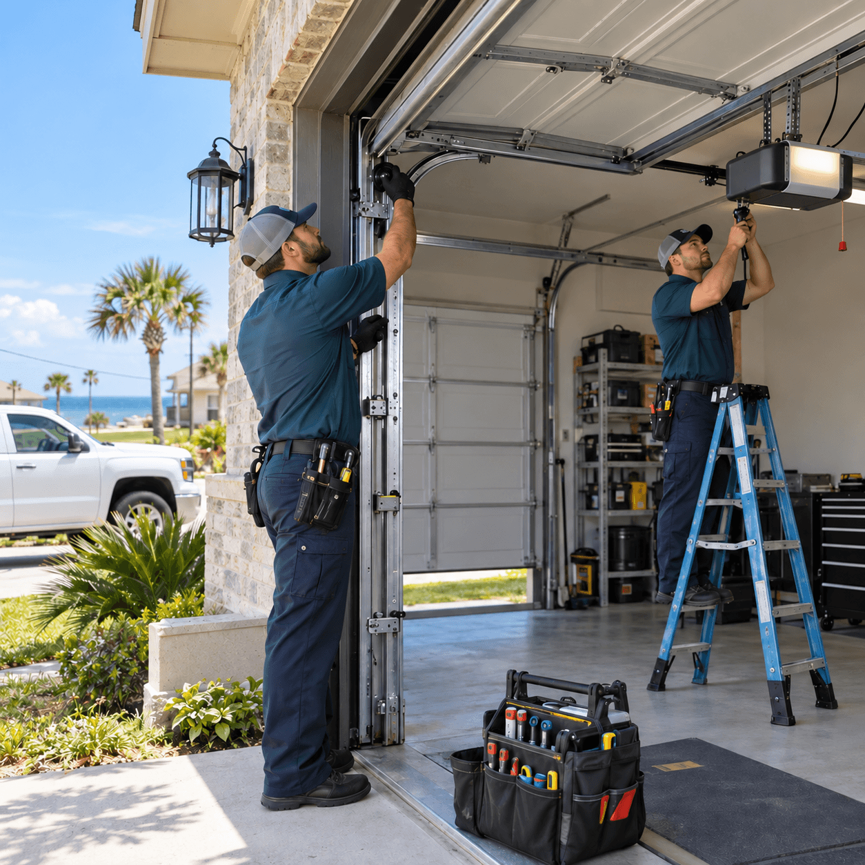 Garage door technicians performing preventative maintenance Texas City TX