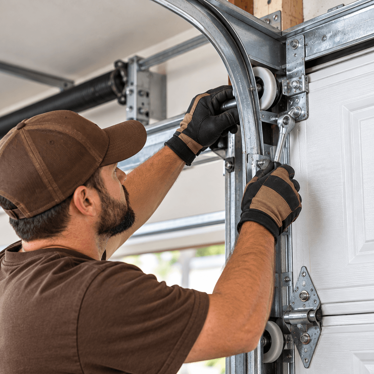 Technician adjusting garage door rollers and track hardware Texas City TX