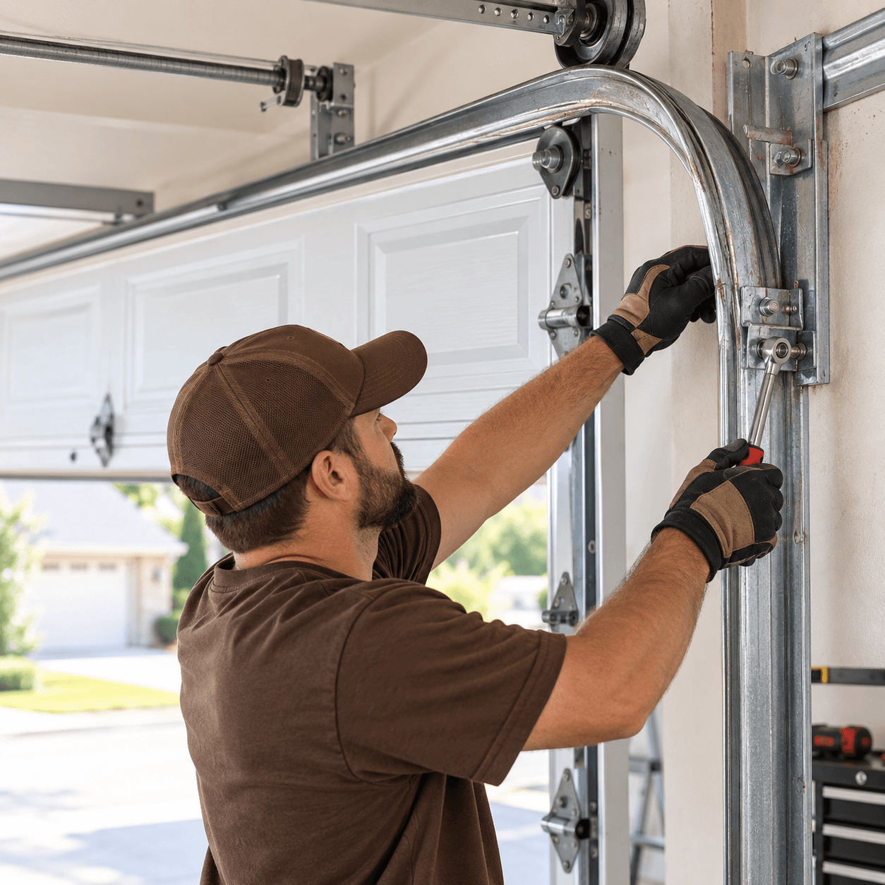Technician adjusting a bent garage door track and mounting hardware Texas City TX