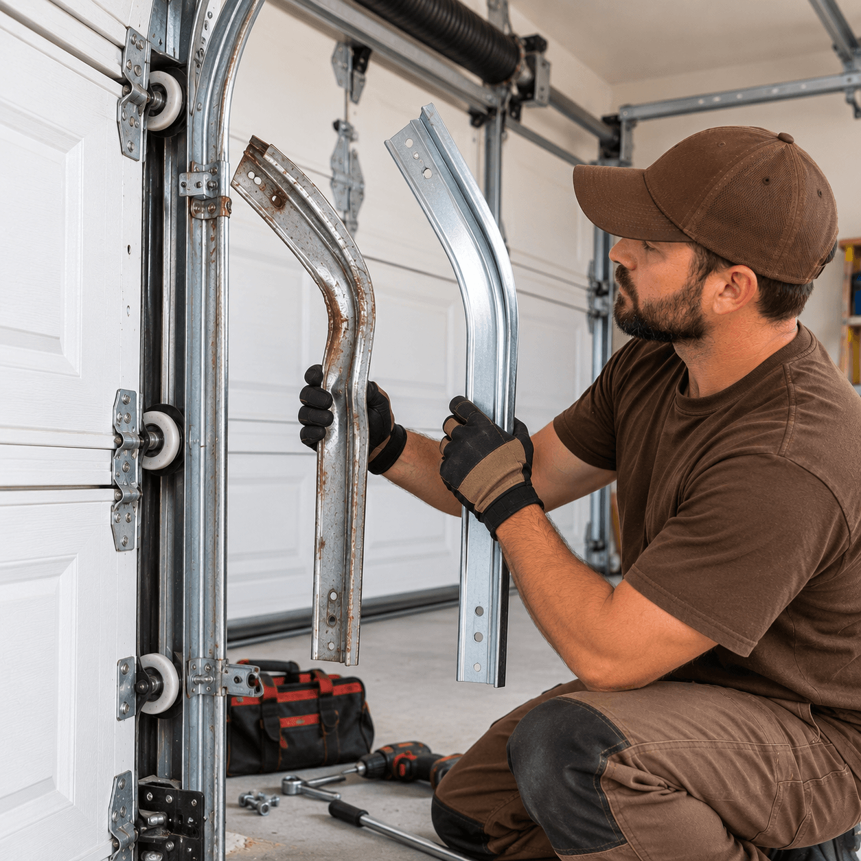 Technician comparing a damaged garage door track with a replacement track Texas City TX