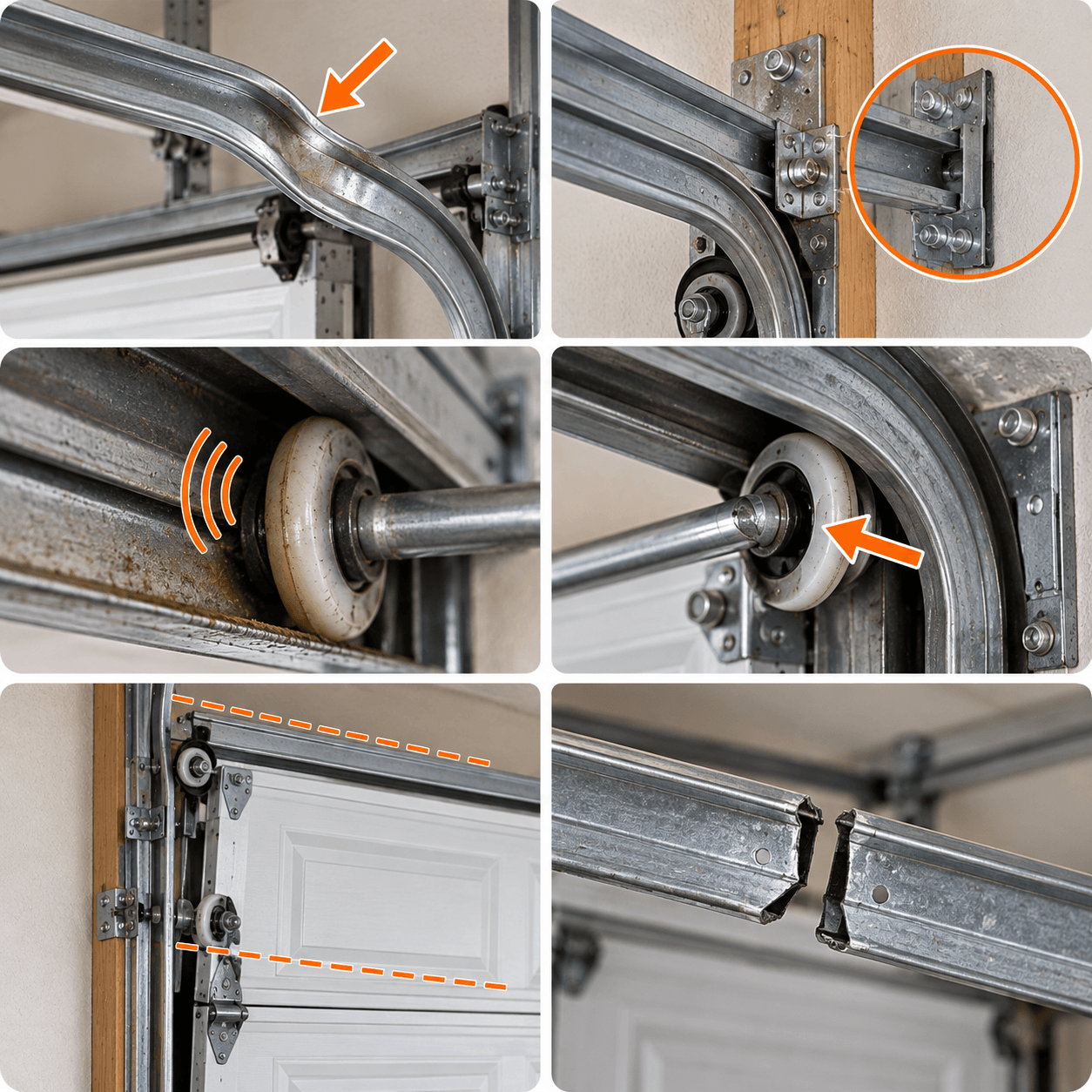Texas City Garage Door technician inspecting bent rails, loose track supports, roller resistance and garage door track alignment