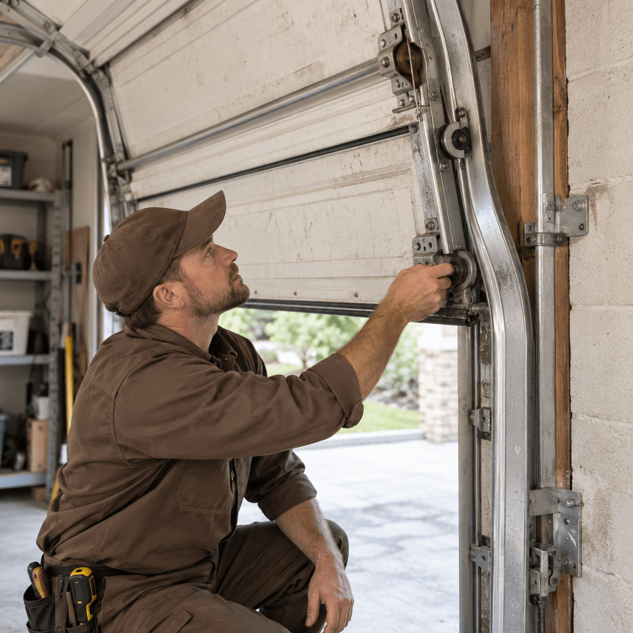 Technician inspecting and repairing a damaged garage door track Texas City TX